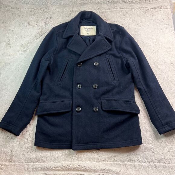 Abercrombie & Fitch Women XXL Premium Wool Coat Navy Blue Jacket Double Breasted - Picture 1 of 13